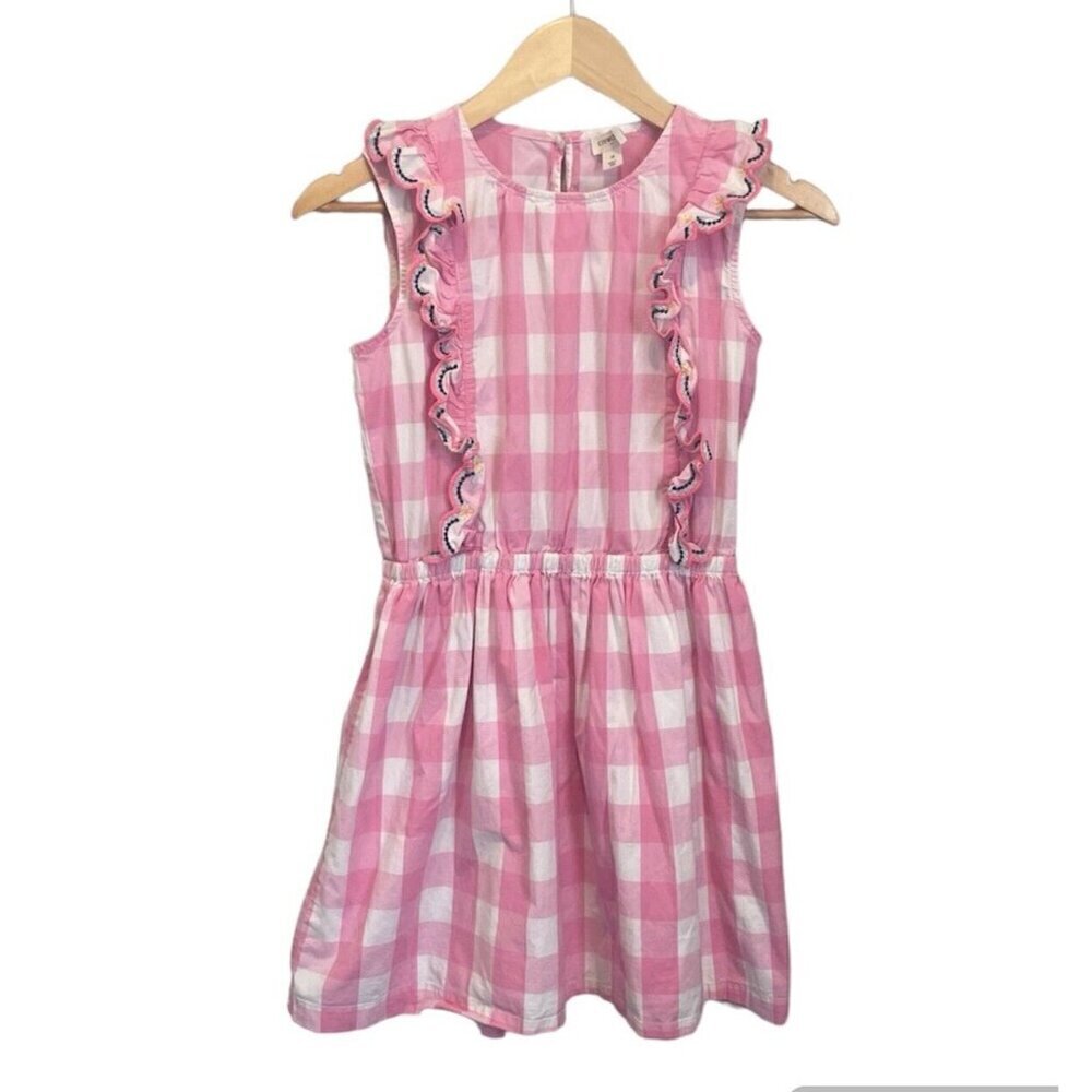 Crew Cuts Girl Pink White Gingham Check Dress Size 14 Ruffles Embroidery Summer